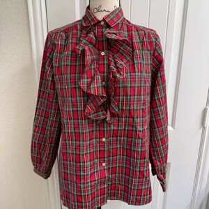VINTAGE 80's Evan Picone Red plaid taffeta ruffle blouse sz 12